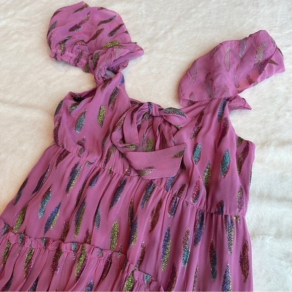 Saylor NWT Kira Metallic Pink Leaves Tiered Sleeveless Maxi Dress M - Picture 9 of 13